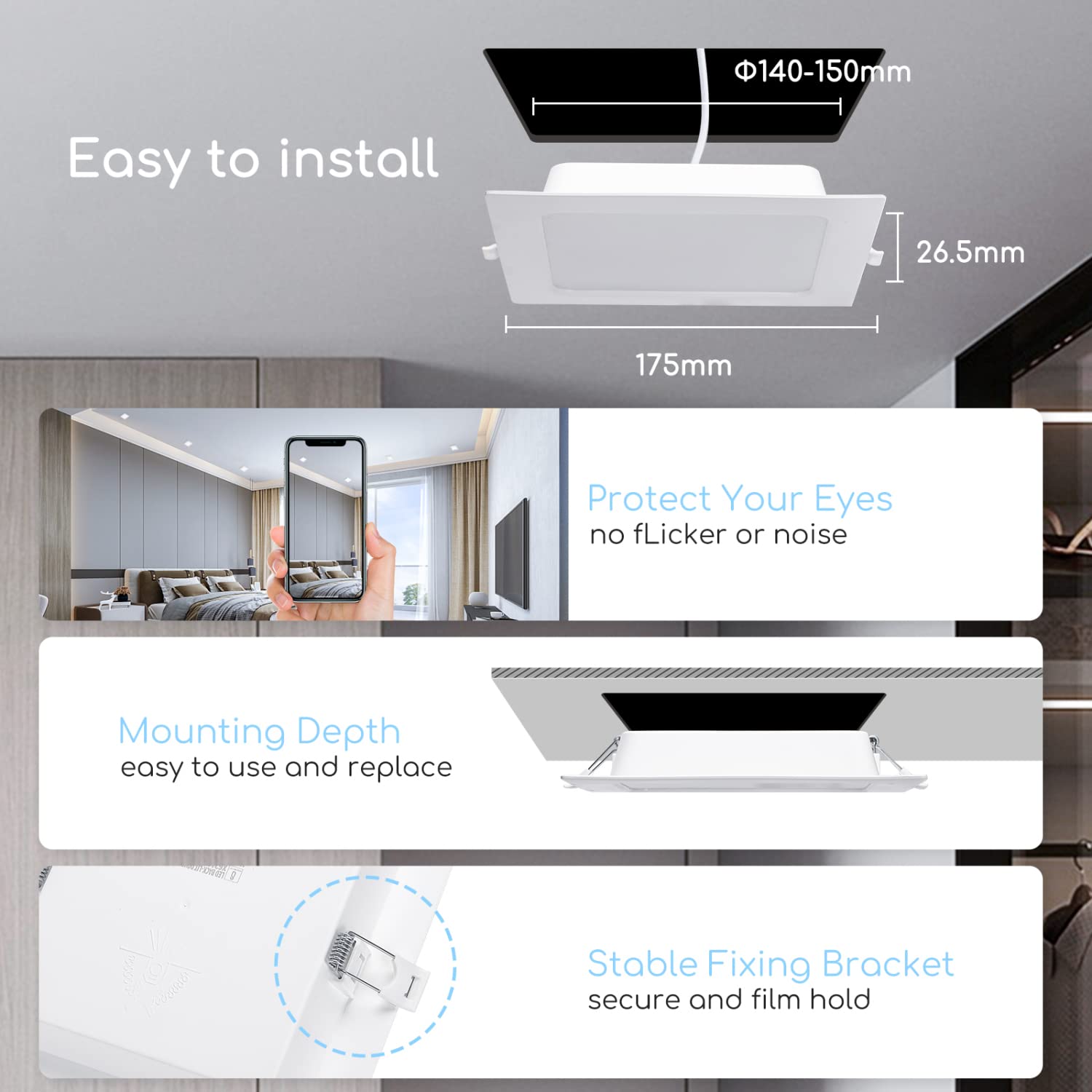 Aigostar LED Encastrable, 12W équivalent à 94W, 6500K Lumière Blanche Froide, Blanc, Spot LED Interieur Encastrable, Ф140-150mm, Pack de 2