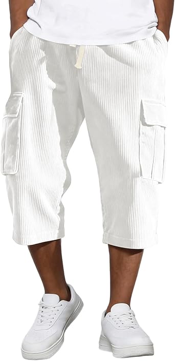 XIAXOGOOL Below The Knee Shorts for Men Corduroy Long Cargo Shorts Casual 3/4 Length Sweat Capris with Pockets