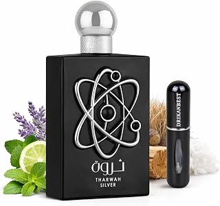 THARWAH SILVER Eau de Parfum 100ml – Perfume Árabe Hombre Fresco Amaderado, Larga Duración, con Menta, Bergamota y Vetiver + Atomizador Drikanbest 5ML Gratis