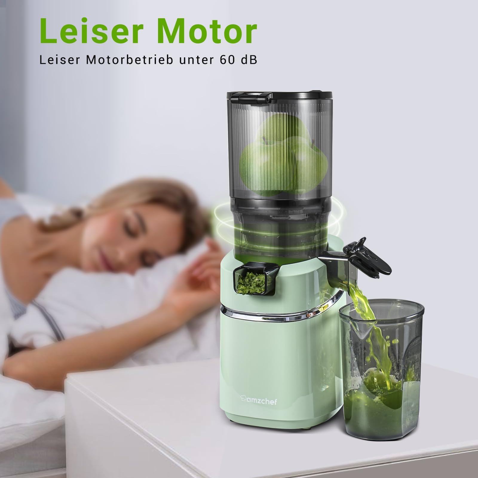 AMZCHEF Extracteur de jus automatique 250W 135mm 1,8L mains libres fruits légumes entiers lent triple filtre Vert
