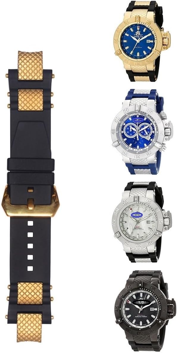 for Invicta Subaqua Noma III Watch Bands Replacement Strap with Bukcle and Golden Metal Inserts - Black Rubber Silicone Invicta Watch Strap