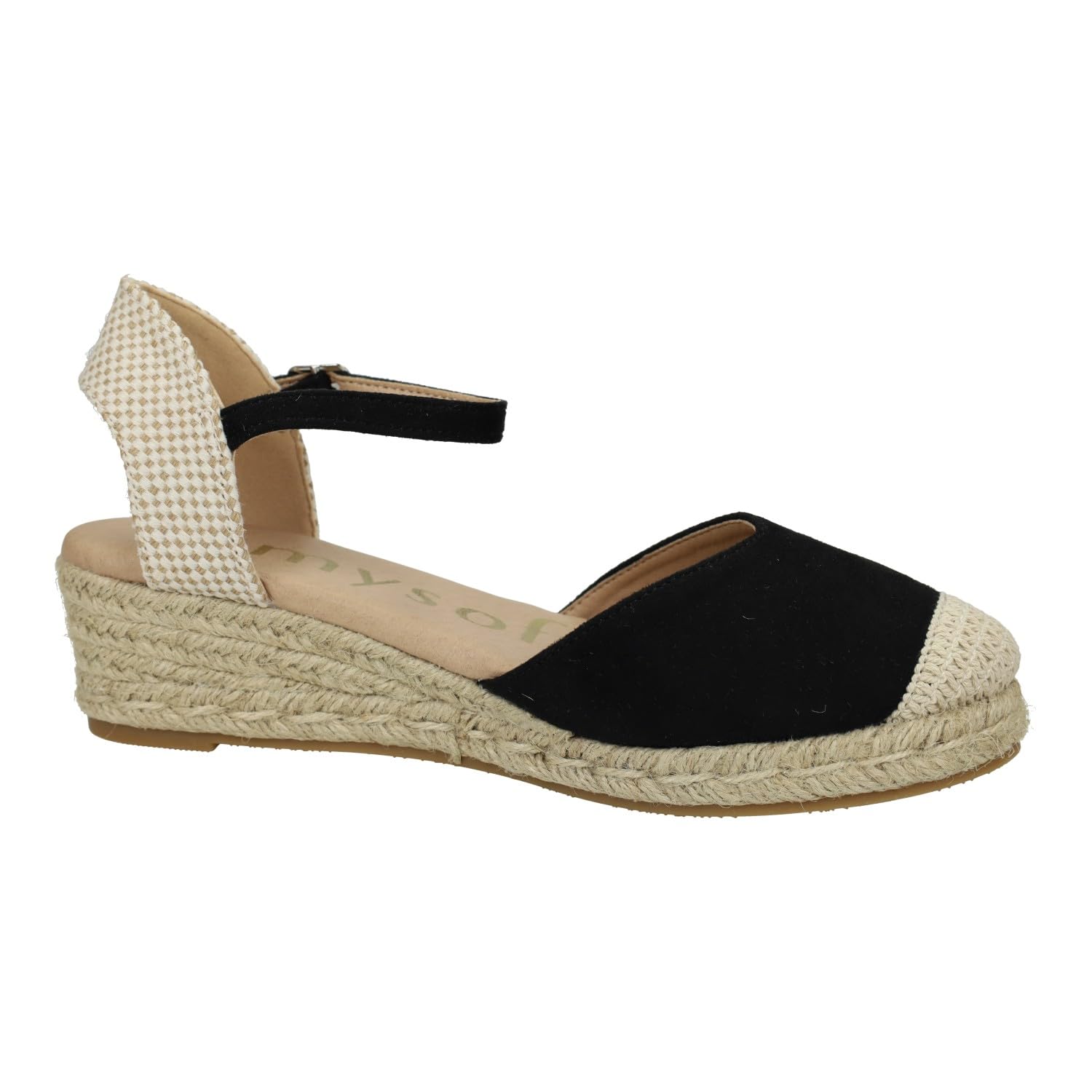 25M102 Esparteñas de Mujer en Color Negro, con Plantilla de Gel. Alpargatas con cuña de 4.5cm, Cierre de Hebilla, Calzado Vegano ecofriendly Mujer Alpargatas