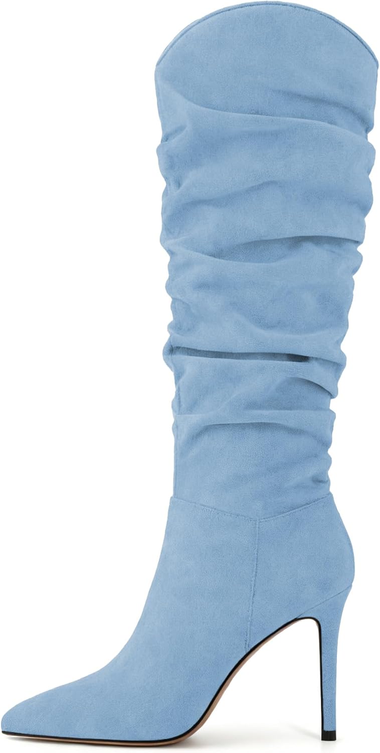 AUMOTED Knee High Boots for Women Stiletto Heel Womens Boots Side Zipper Slouchy High Boots for Women 4 Inch Heeled Boots