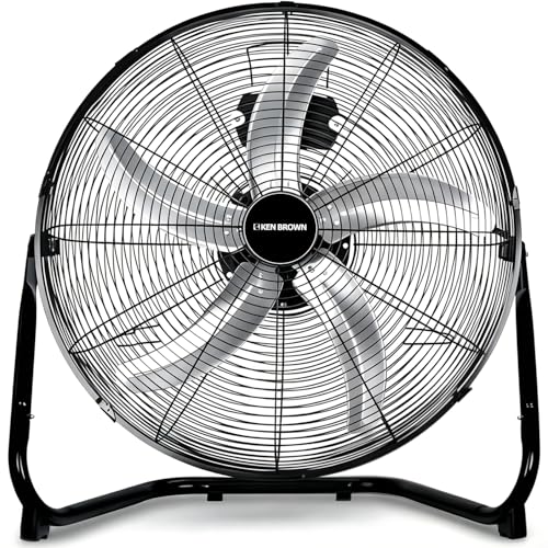 KEN BROWN 20 Inch High Velocity Floor Fan, Industrial Metal Fans, 3 Speed, 5 Aluminum Blades, 360° Tilt, Heavy Duty, for Shop, Garage, Warehouse, Outdoor