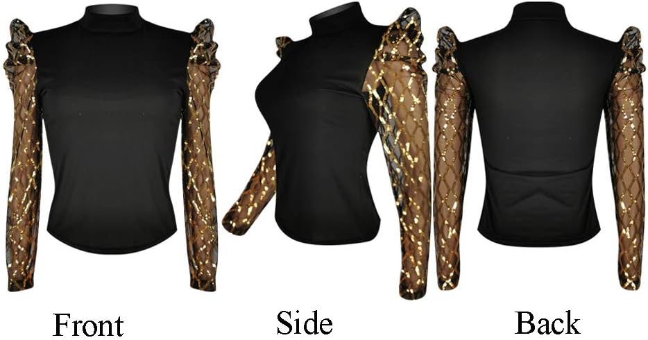 acelyn Women's Elegant Sequin Mesh Sheer Puff Long Sleeve Mock Neck Slim Fit Party Blouse Shirt Top - Image 4