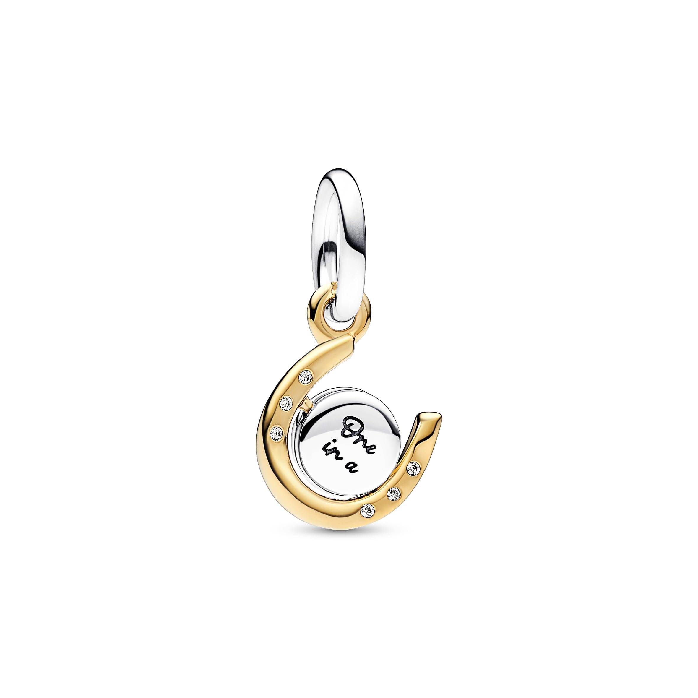 PANDORA Moments Bicolor Drehende Hufeisen-Scheibe Charm-Anhänger aus Sterling Silber mit 14 Karat vergoldeter Metalllegierung, Zirkonia, Kompatibel Moments Armbänder, 762713C01