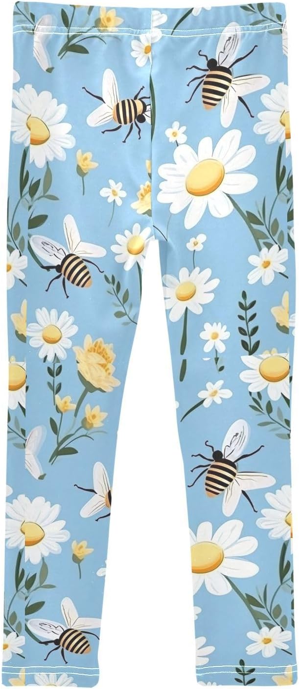 Kids Full-Length Leggings Bee with Daisy Flowers