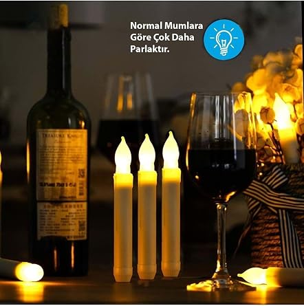 Plentiful Titreyen Dekoratif Led Alevsiz Mum 12 Adet Dumansız Konik Şekilli Uzaktan Kumandalı