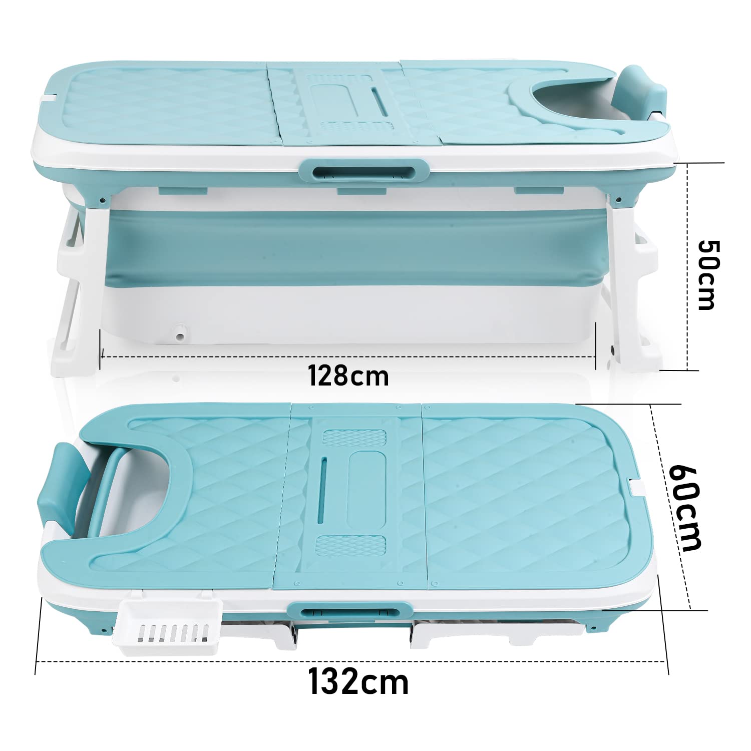 Fiqops Baignoire pliable pour adulte XL - 132 x 60 x 50 cm - Baignoire mobile pliable avec couvercle - Pour adulte - Avec panier - Pour salle de bain, douche et balcon