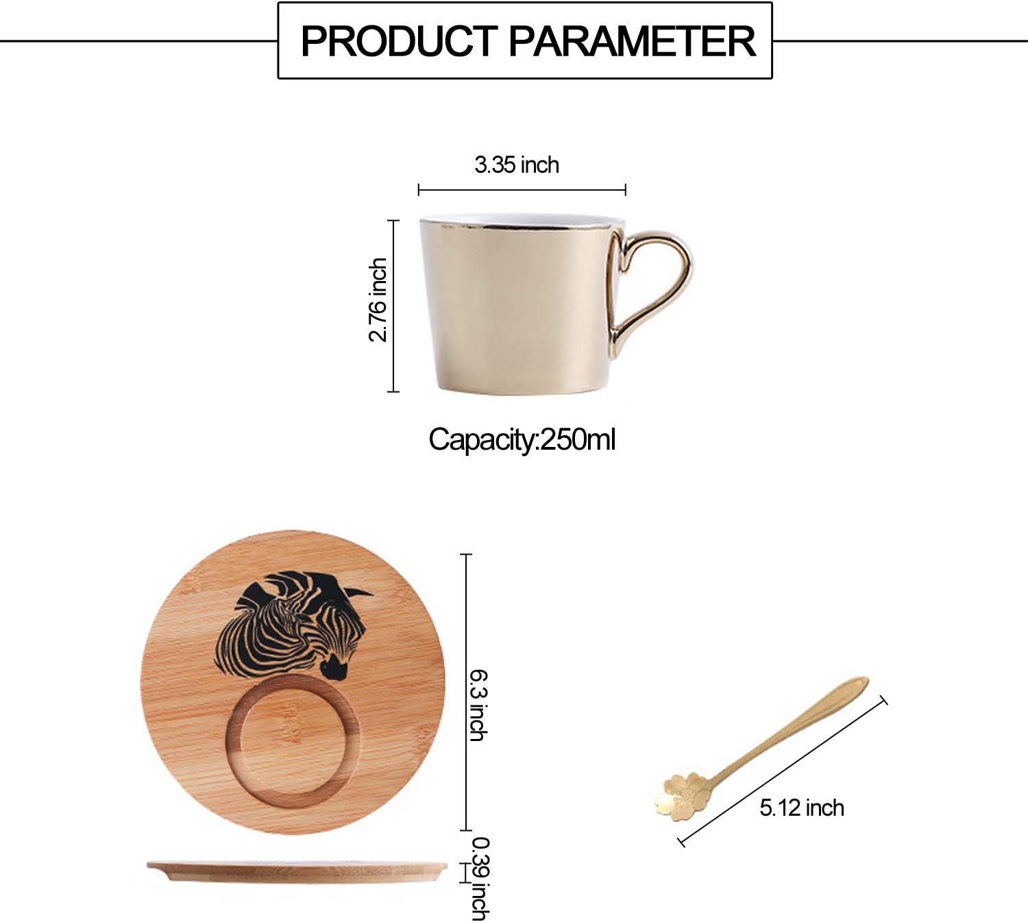 ABHOME Large Mirror Cup and Saucer Set 8.5 oz Panda Gift Ceramic Animal Espresso Cups with Saucers and Spoon 8 Ounce, Tea Coffee Cup with Spoon and Wood Saucer, Set of 2, Golden