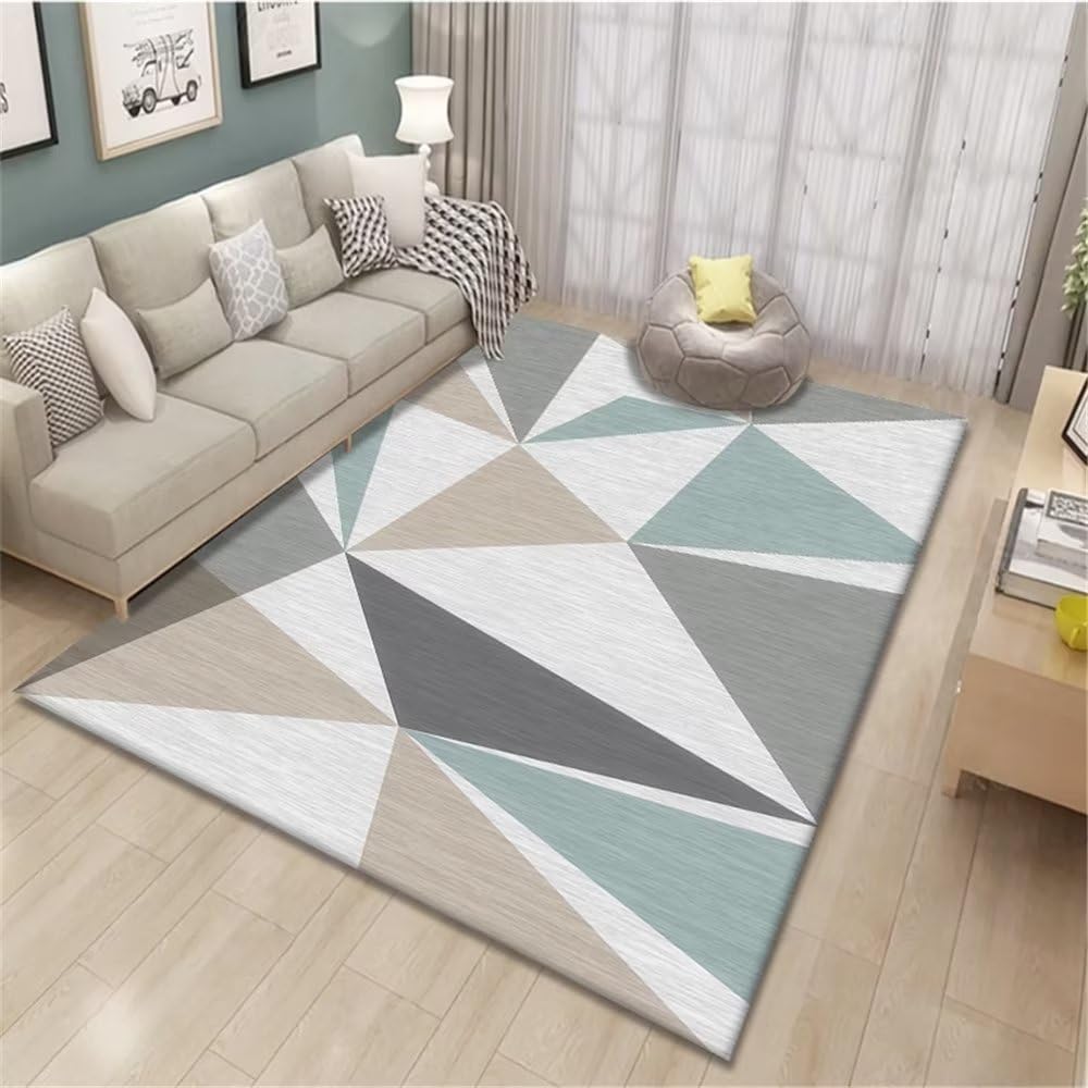 Tapis salon vert au style minimaliste et motif géométrique abstrait