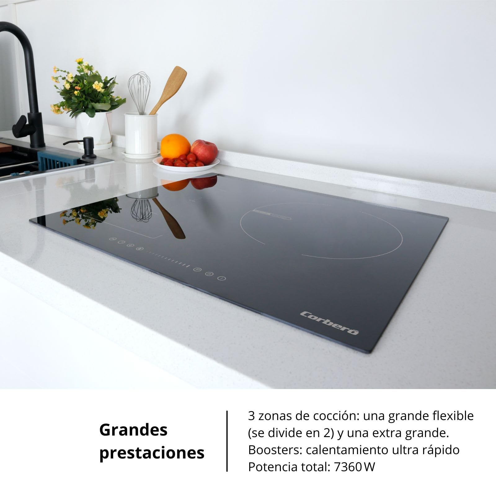 Corberó - Placa de Inducción | CCIG373FLEX | 60cm | 3 Zonas con Zona Flex | 7300W | Control Táctil Slider | 9 Niveles | 3 Booster | Temporizador | Desconexión automática | Cristal Ilva