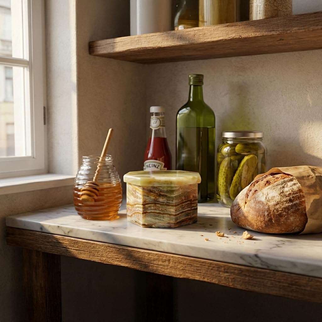 Marble Star Butter Keeper Crock – French Butter Dish with Water Seal – Handmade Butter Keeper for Countertop, Keeps Butter Soft & Spreadable (Green Onyx)