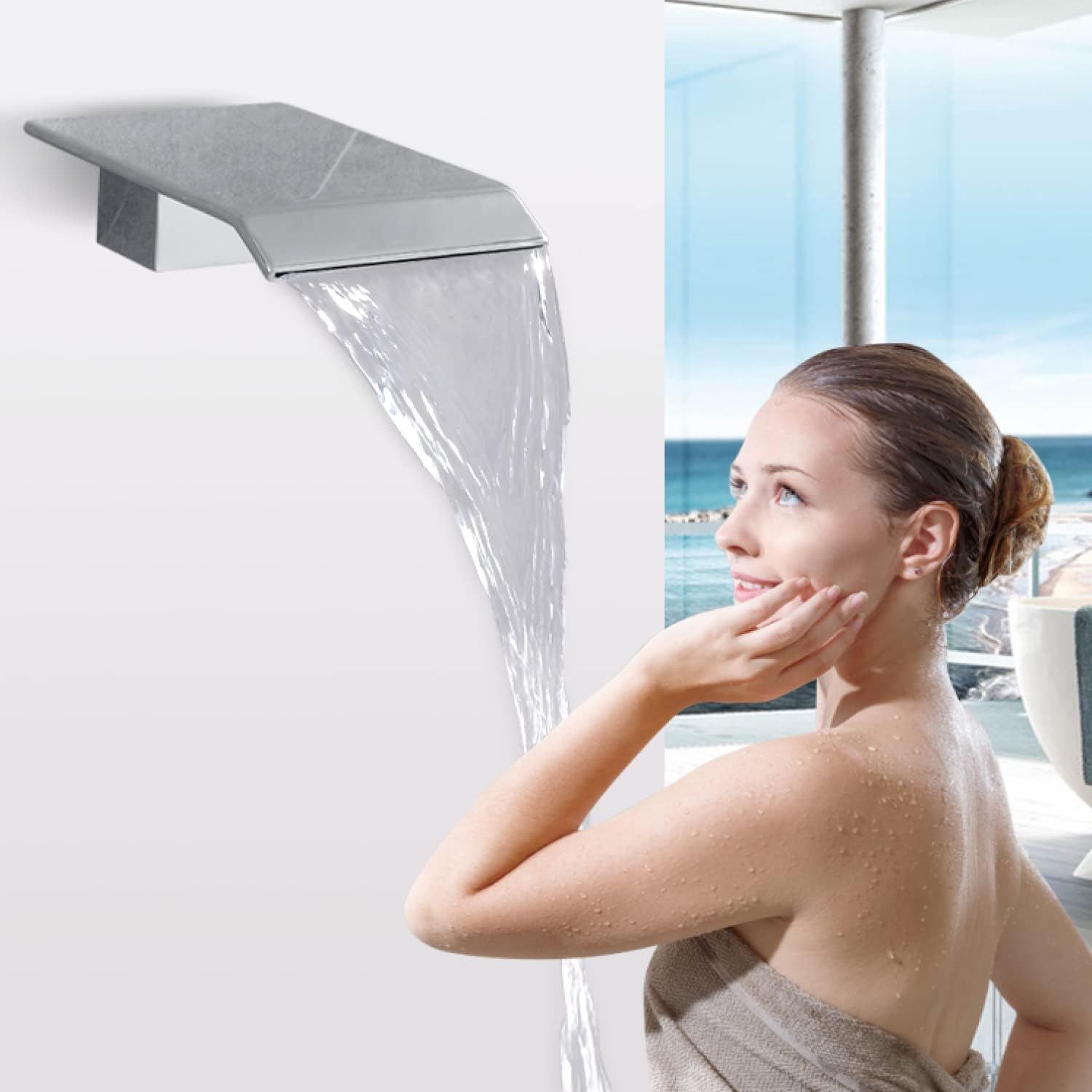 Wall Mount Bathroom Bathtub Faucets Spout High Flow Waterfall Tub Filler Faucet Sprayer Vessel Sink Faucet Sprayer Bathtub Spout, Chrome