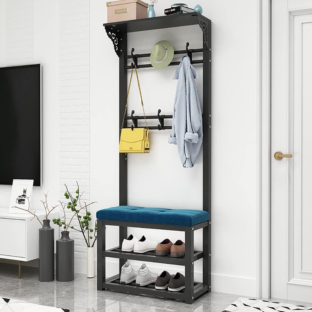 MYUYEE Metal Shoe Rack Shoe Rack With Seat Coat Rack Clothes Rack Upholstered Bench For The Entrance Area For Entrance Area Hallway Living Room(A-60Cm)