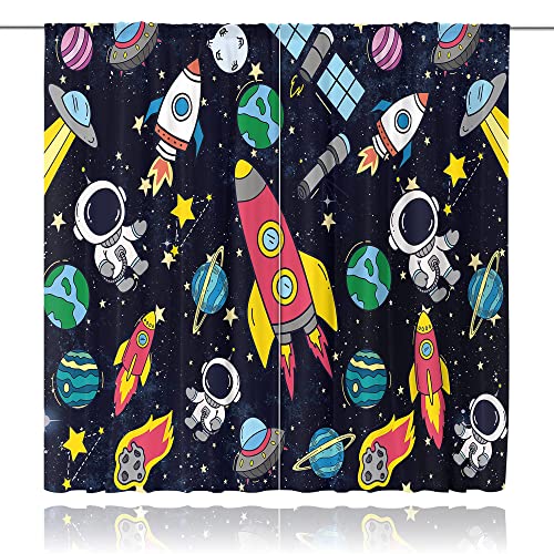 Meshelly Galaxy Space Kids Boys Curtains 42Wx 63H Inch Rod Rocket Astronaut Pocket Planets Spaceman Cartoon Star Outer Children Printed Living Room Bedroom Window Drapes Treatment Fabric 2 Panels #TOP1