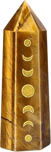 Amogeeli Wicca - Varita de punta de piedra de ojo de tigre de fase lunar para meditación de reiki, 6 prismas facetados, decoración de cristal