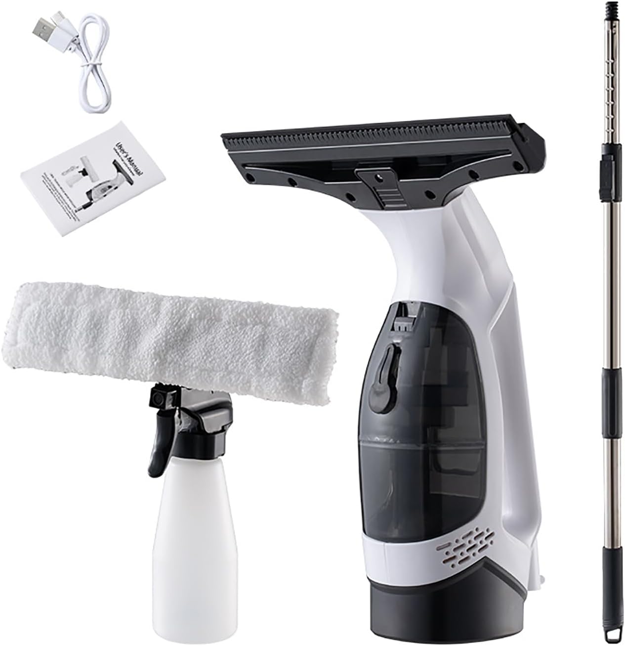 Cordless Window Vacuum Cleaner - Handheld Rechargeable Electric Squeegee with 2.2 mAh Battery, 150ml Water Tank, Spray Bottle & Cloth, for Shower Screen, Mirror, Glass with Extension Pole