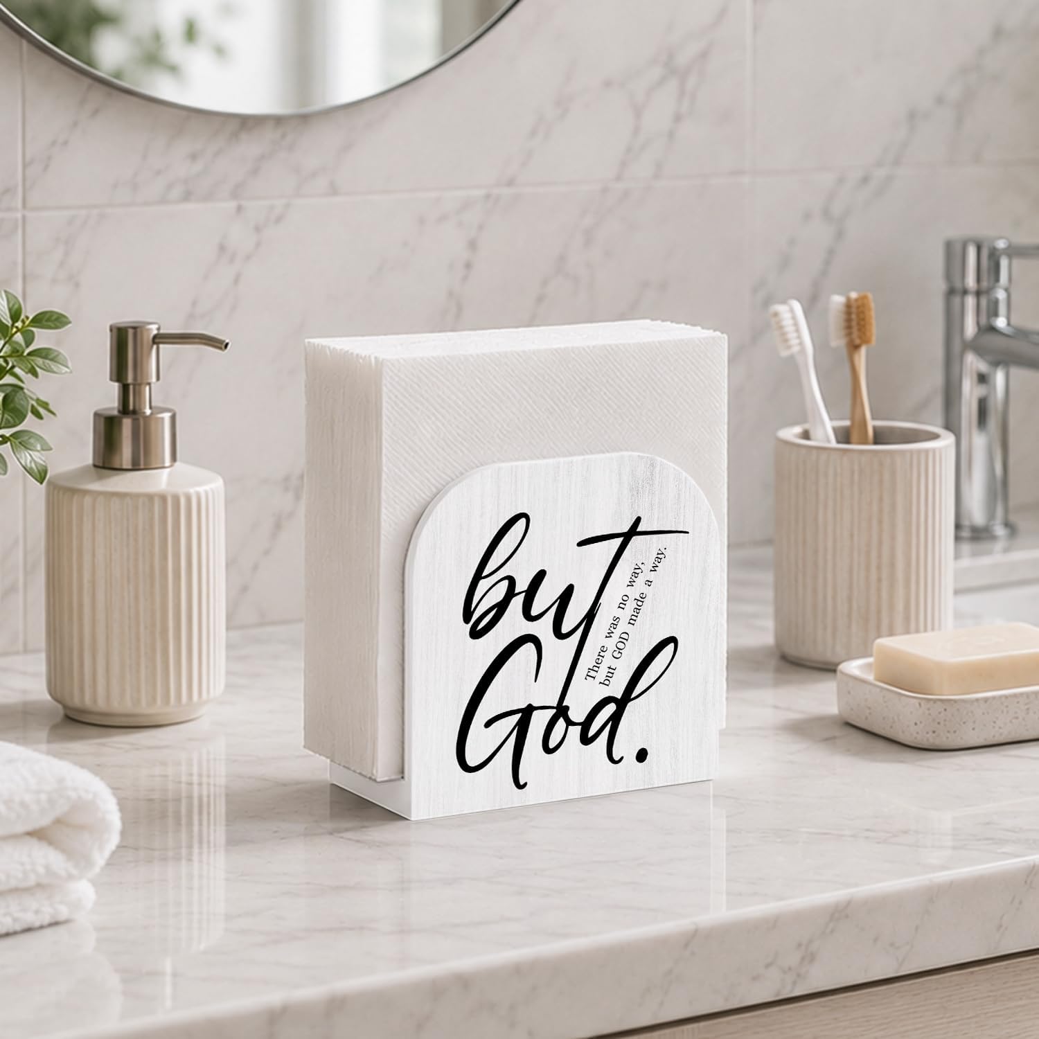 Christian Napkin Holder for Table, But God Bible Verse Religious Wooden Standing Napkin Dispenser Holder for Kitchen Dining Room Party Cocktail Bar Home Decor