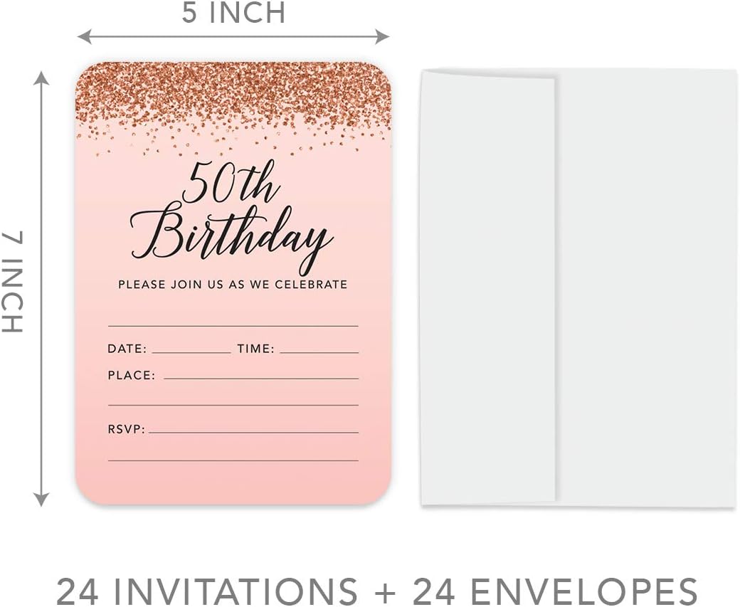 Andaz Press Blush Pink And Rose Gold Glitter Elegant Party Collection, 5X7-Inch Invitations With Envelopes, 50th Birthday, 24-Pack, Double Sided Printing, 50th Birthday Invitations For Women
