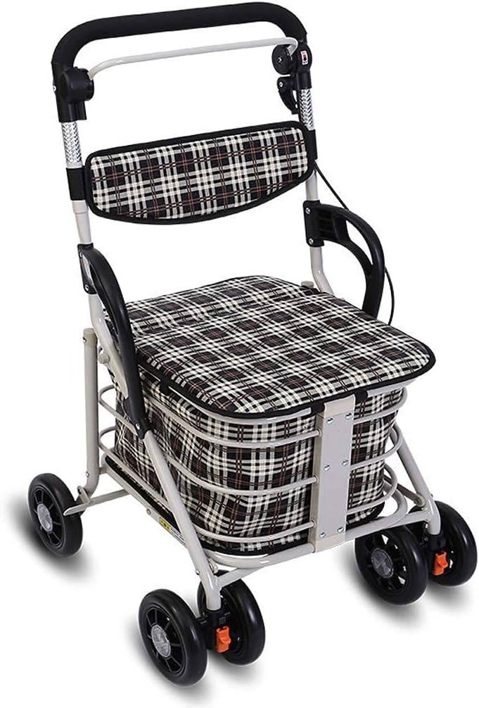 Andador con ruedas para ancianos, andador, andador con andador de seis ruedas de hierro forjado, asiento y cesta de la compra, carretillas de mano de pesca para personas mayores, andador multifunciona