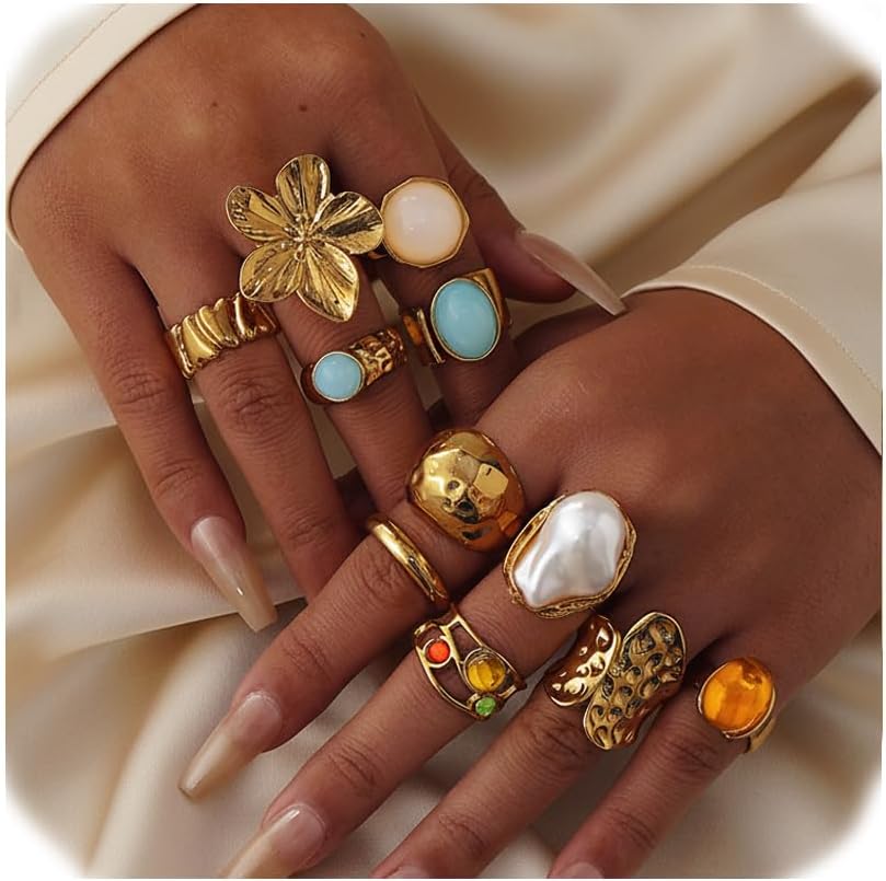 UYY Chunky Gold Rings for Women Non Tarnish, Baroque Pearl Flower Tiger's Eye Stone Rings Adjustable Stacking Statement Rings Set Fashion Jewelry Gifts