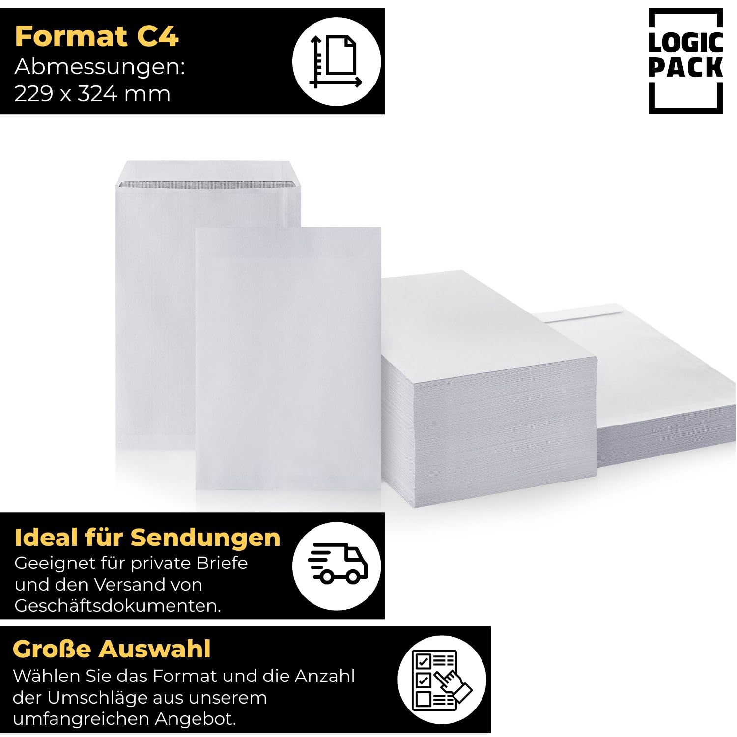 1000 Enveloppes C4 Blanches, 229 x 324 mm, 90g, Autocollante