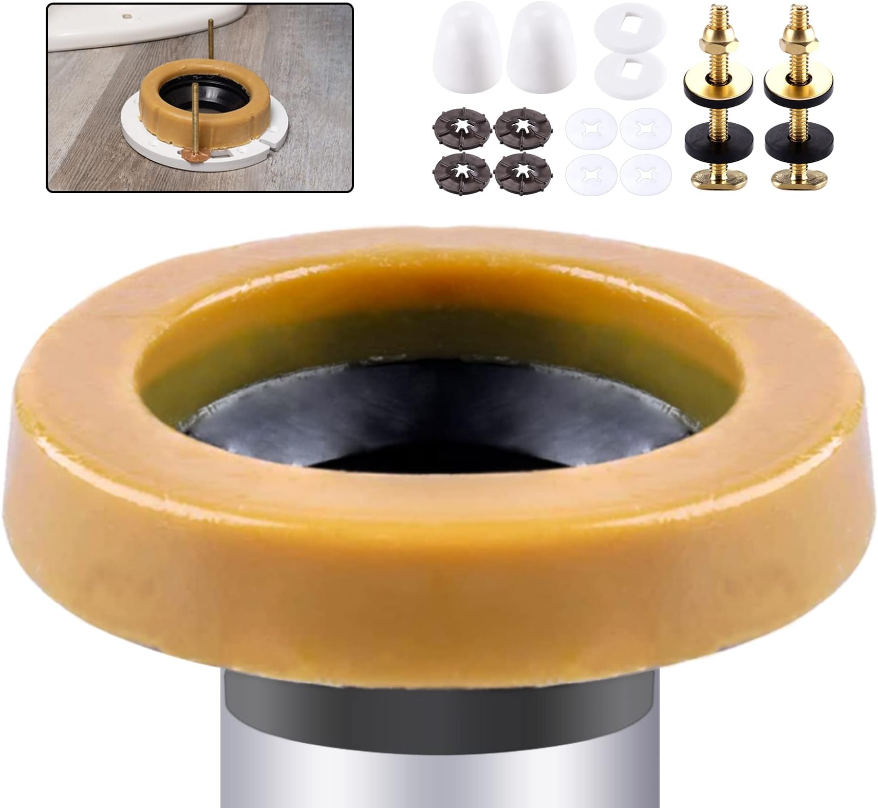 Wax Ring & Brass Bolts for Toilet Bowls Reinforced with Polyethylene Flange, Toilet Bowl Wax Gasket Seal for Floor Outlet Toilets New Install or Re-seat, Fits 3-inch or 4-inch Waste Lines
