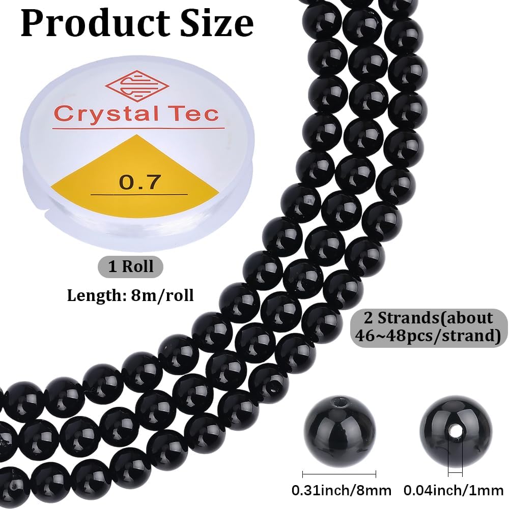 1 Box 92PCS 8MM Natural Black Onyx Agate Beads Round Stone Gemstone Polished Spacer Loose Smooth Bead with Crystal Stretch Cord for Jewelry Making Necklace Bracelets DIY Craft Supplies - Image 2