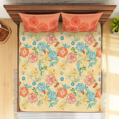 Image of Spaces Atrium Plus 210 TC 100% Cotton King Size Fitted Double Bedsheet with 2 Pillow Covers (Floral, 72 inch X 78 inch Inches ) - Beige