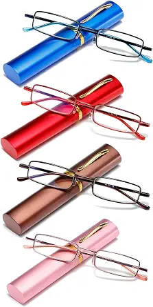 Blue Light Blocking Reading Glasses - Slim Pocket Readers with Pen Clip Case