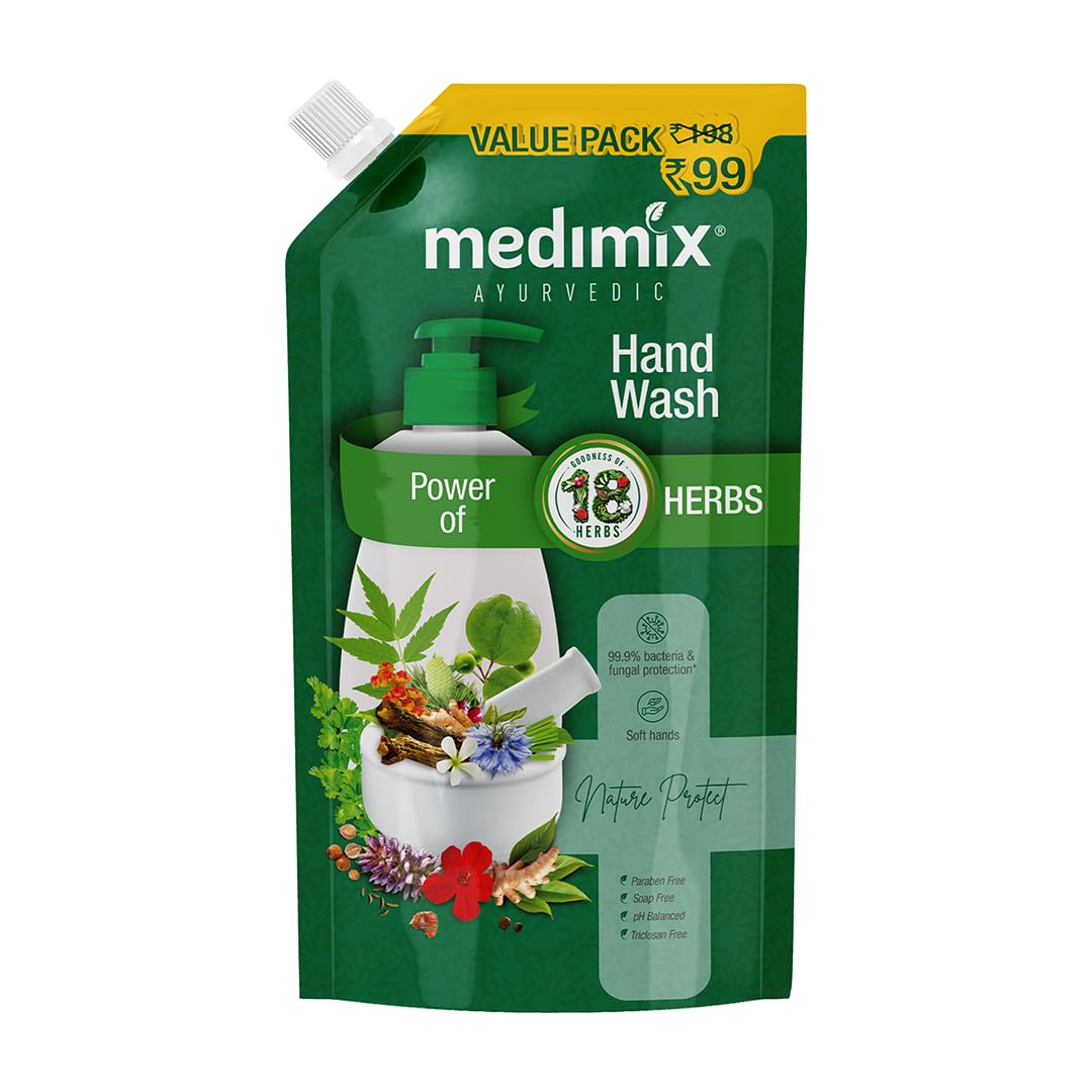 Medimix Ayurvedic 18 Herbs Hand Wash Refill For Soft & Odour-Free Hands 675ml | 99.9% Germ Protection | Shop Herbal | Natural | Soap-free | 100% Vegan