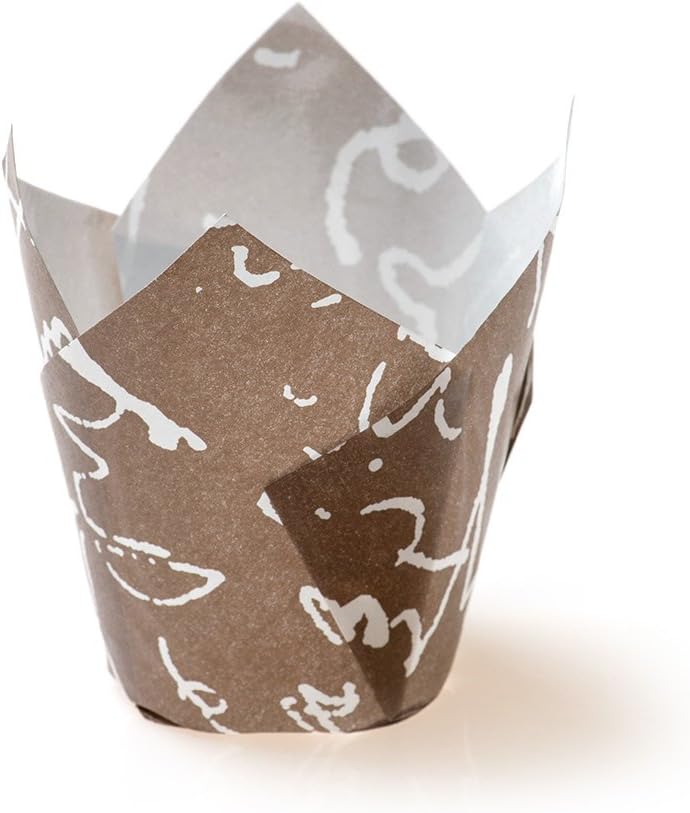 Restaurantware Panificio 1.7 Ounce Baking Cups 200 Tulip Cupcake Liners - Oven-Ready Freezable Brown And White Paper Muffin Cases Disposable Chocolate Wisp For Wedding Parties Baby Showers