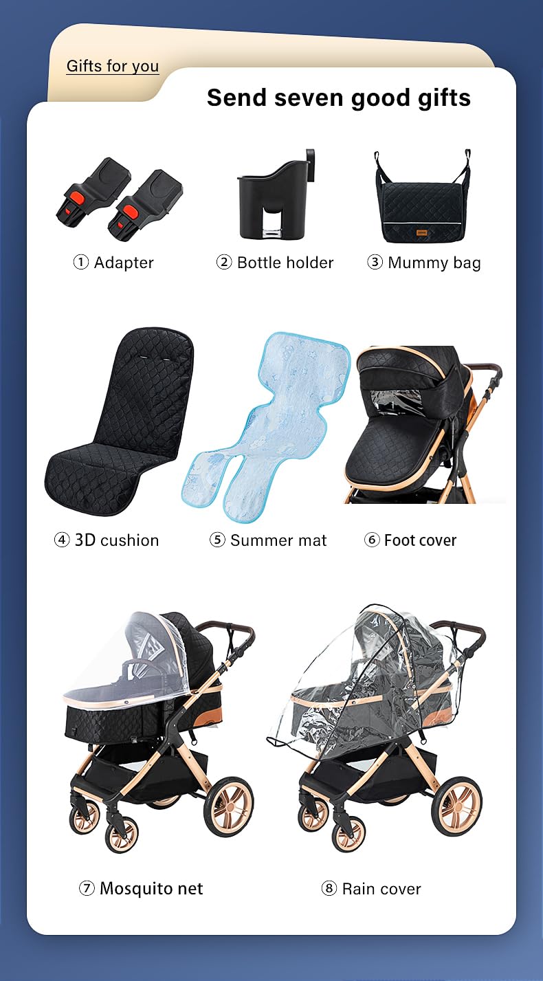 ALYIKOU trio passeggino neonati in offerta, passeggino trio, passeggino 3 in 1, pneumatici in gomma, con accessori, Gondola, Adaptateurs, 25 kg