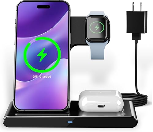 Estación de carga inalámbrica de escritorio de viaje soporte de cargador 3 en 1, múltiples dispositivos compatibles con iPhone 16e 16 15 14 Pro Max