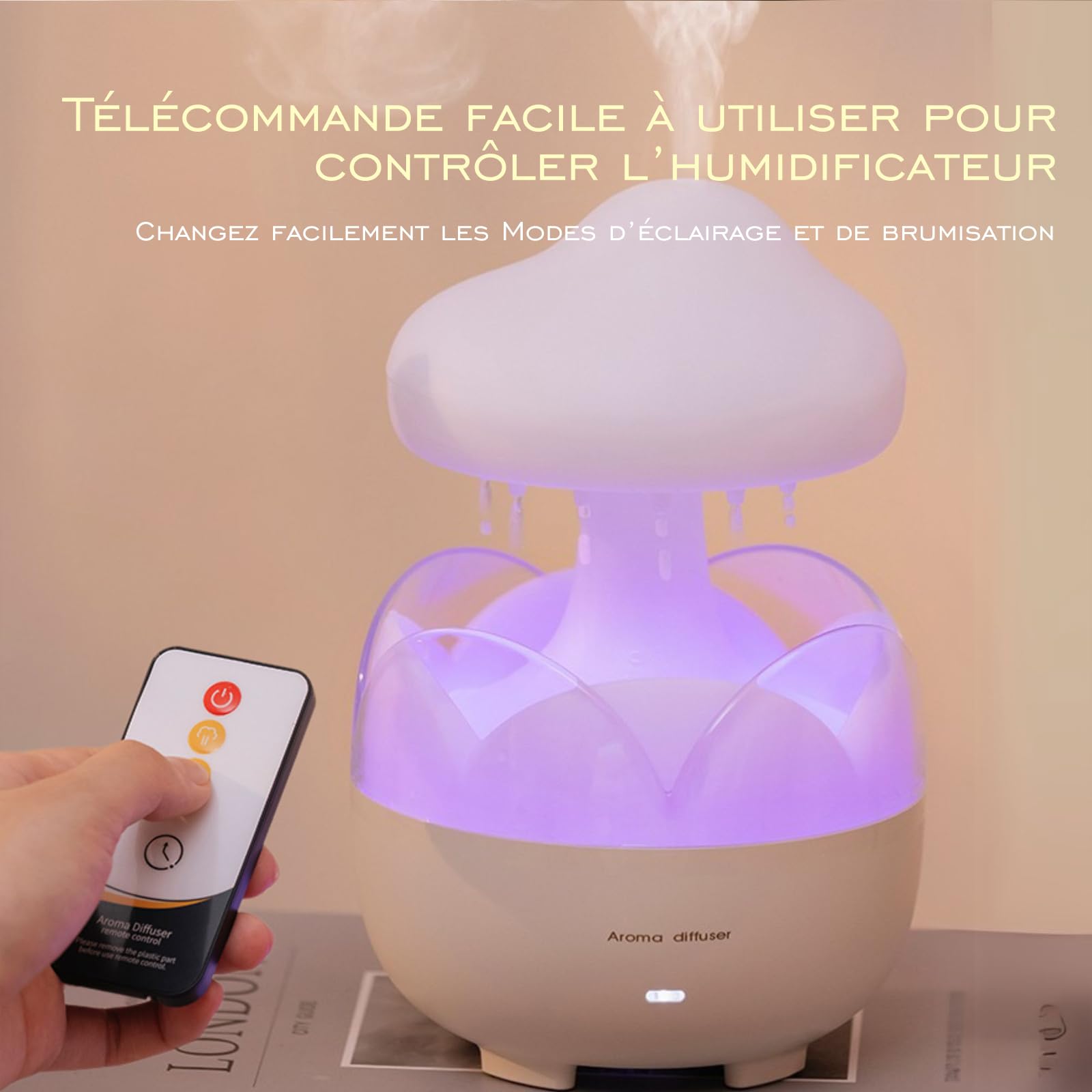 Raindrop humidificateur portable 230 ml, diffuseur d'huiles essentielles nuage veilleuse, arrêt automatique sans eau, bureau, chambre à coucher, salon