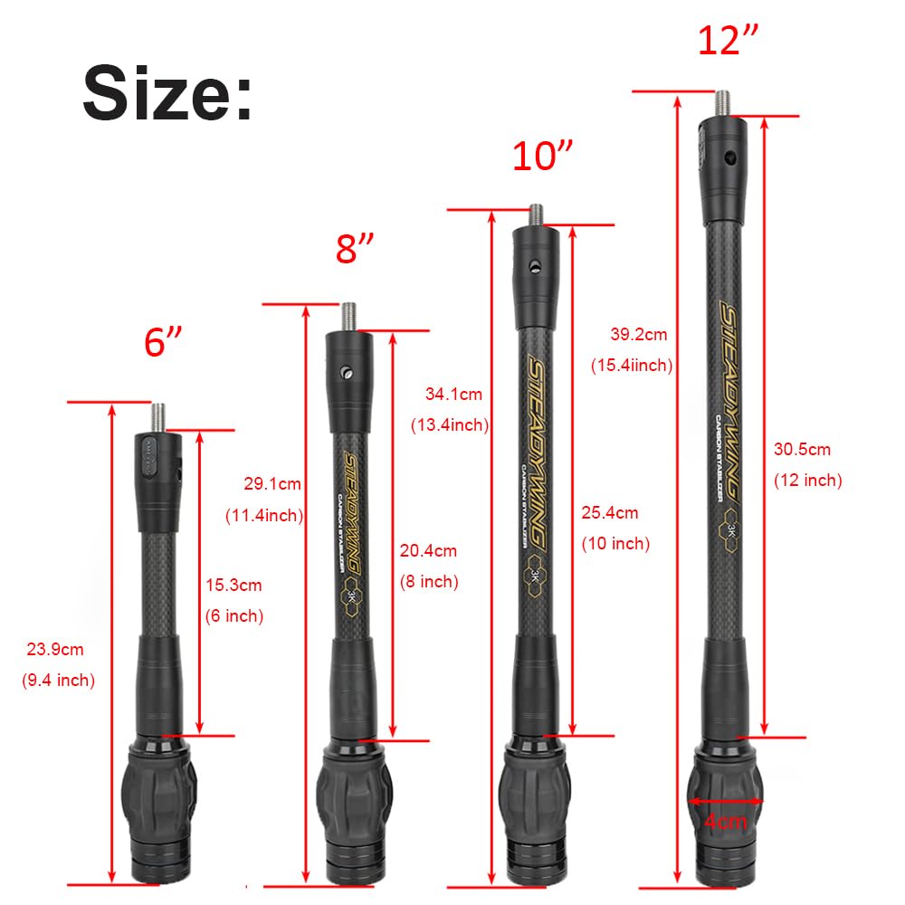 SHARROW Stabilisateur d'arc en Carbone pour Arc à Poulies, Noyau Flexible avec Système d'amortissement et Kit de Poids, Barre d'équilibre 6" 8" 10" 12" Tige Absorbeur de Chocs