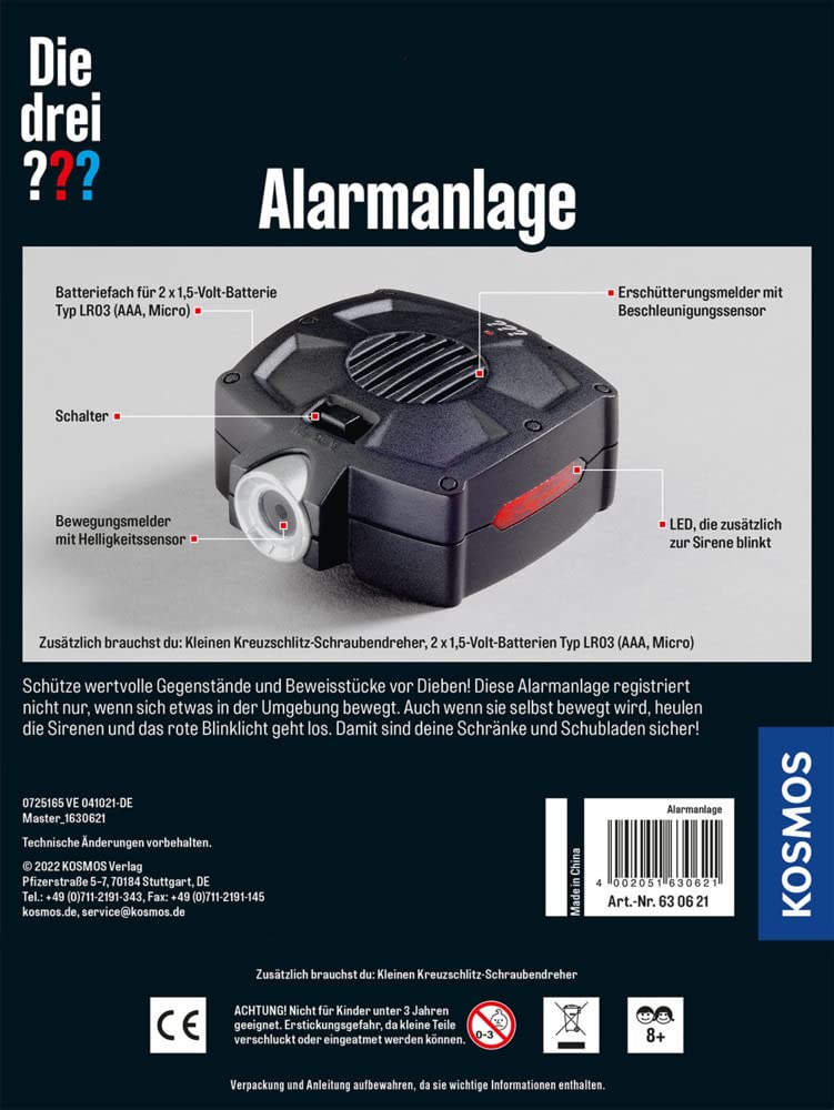 Kosmos 630621 Système d'alarme avec détecteur de Mouvement et détecteur de Vibration, kit de détective, équipement d'agent, Jouet pour Enfants à partir de 8 Ans Noir