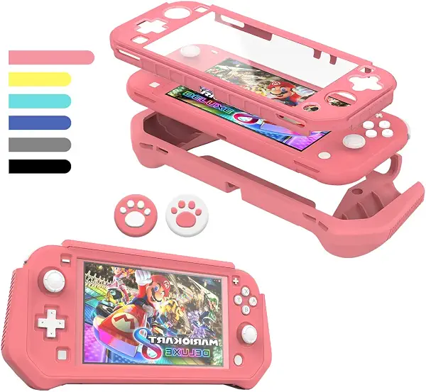 Switch Lite Case Protective Case for Nintendo Switch Lite, Compatible with Nintendo Switch Lite Screen Protector Cover Hand Grip Case with Detachable TPU+Built-in PC Screen + 2 Thumb Grip Caps, Pink
