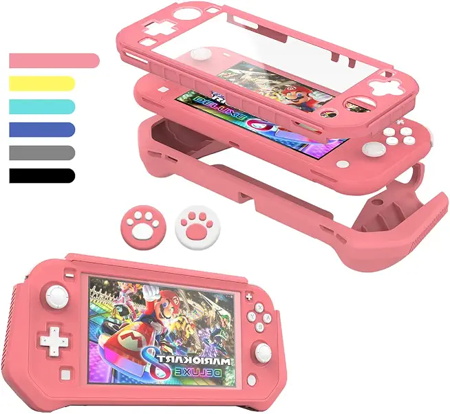 Switch Lite Case Protective Case for Nintendo Switch Lite, Compatible with Nintendo Switch Lite Screen Protector Cover Hand Grip Case with Detachable TPU+Built-in PC Screen + 2 Thumb Grip Caps, Pink