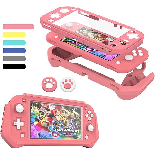 Switch Lite Case Protective Case for Nintendo Switch Lite, Compatible with Nintendo Switch Lite Screen Protector Cover Hand Grip Case with Detachable TPU+Built-in PC Screen + 2 Thumb Grip Caps, Pink