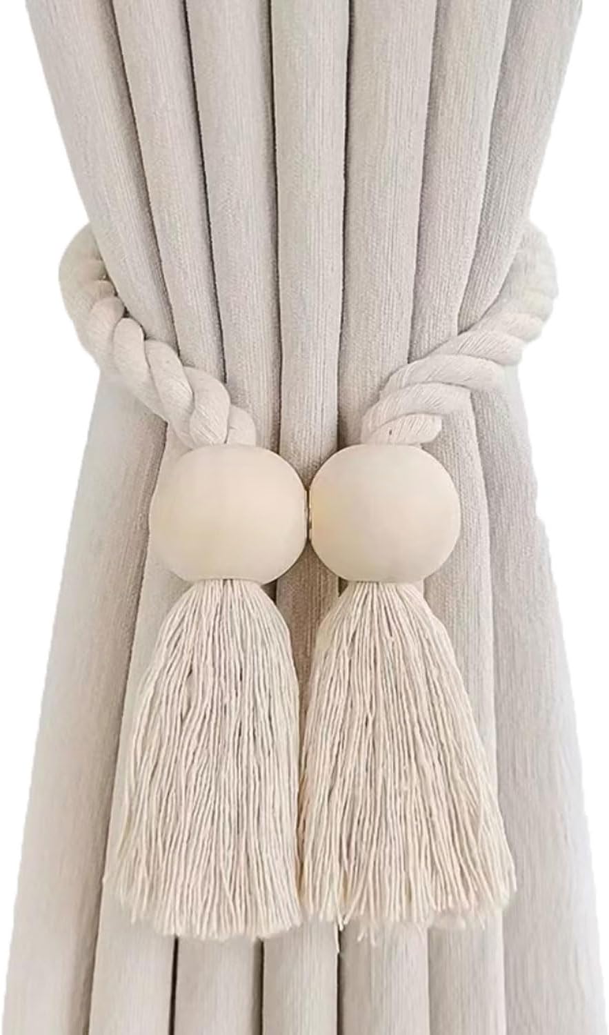 2Pcs Magnetic Curtain Tiebacks, Handmade Wooden Bead Tassel Curtain Tie Backs, Simple Tiebacks Wall Decoration for Bedroom Window Treatment, Beige