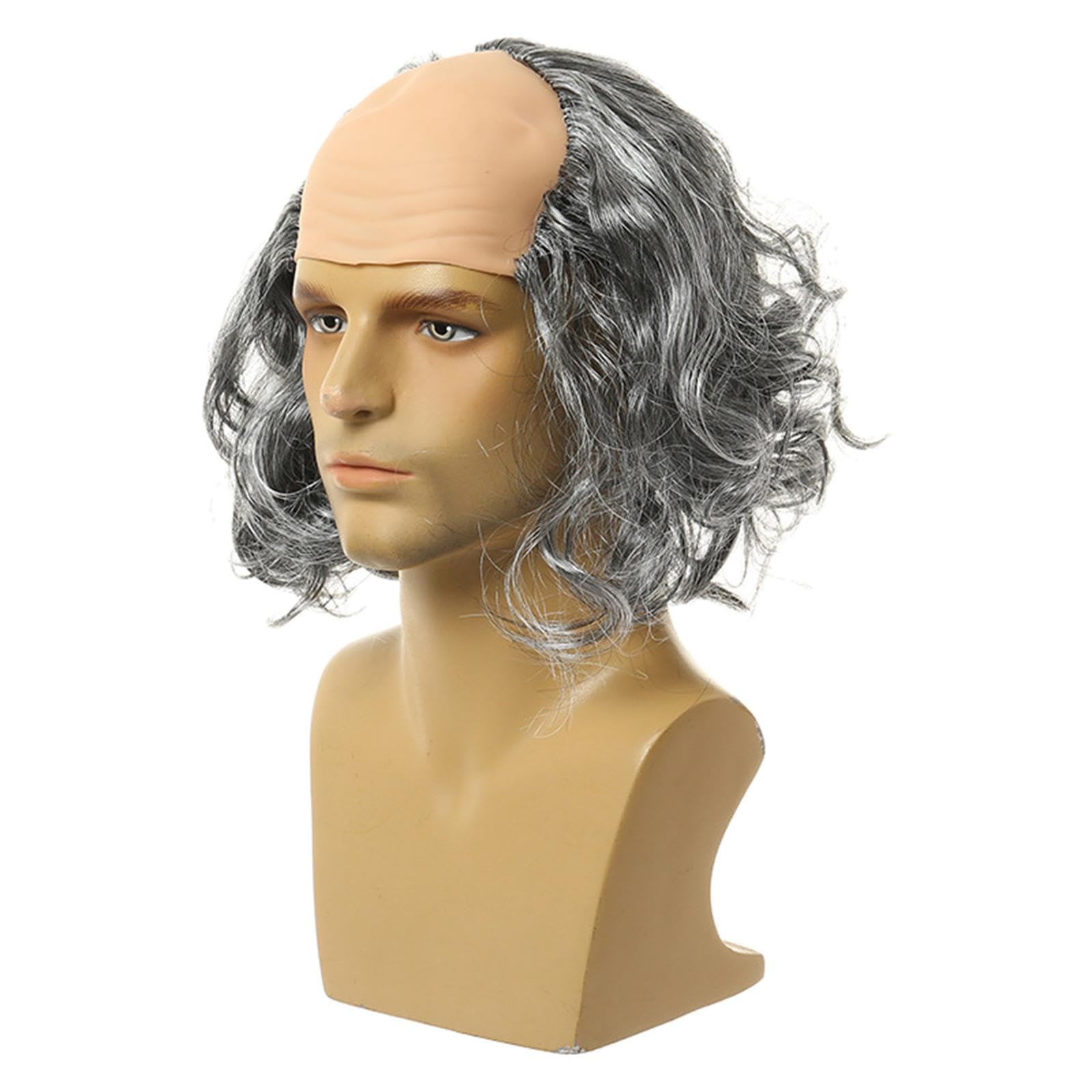 MYADDICTION Old Man Balding Wig Cap Balding Crazy Scientists Wig For Halloween Weddings Favors Gray Curly Hair