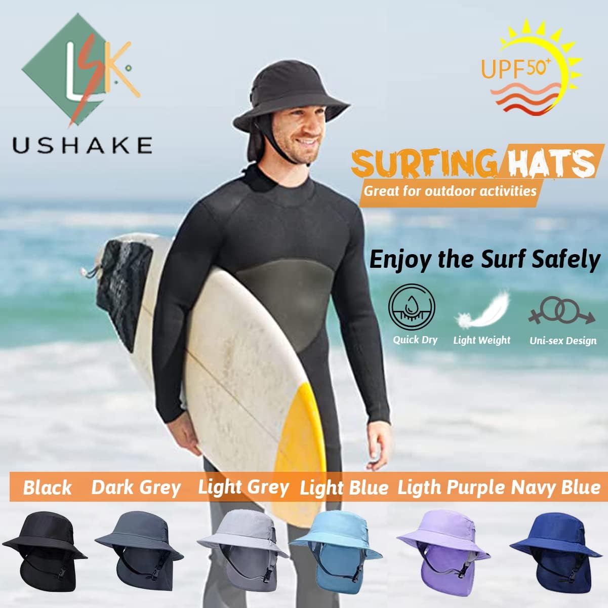 USHAKE Surf Hat Bucket Sun Hats for Surfing, Boating, Water-Sports Men and Women - Image 2