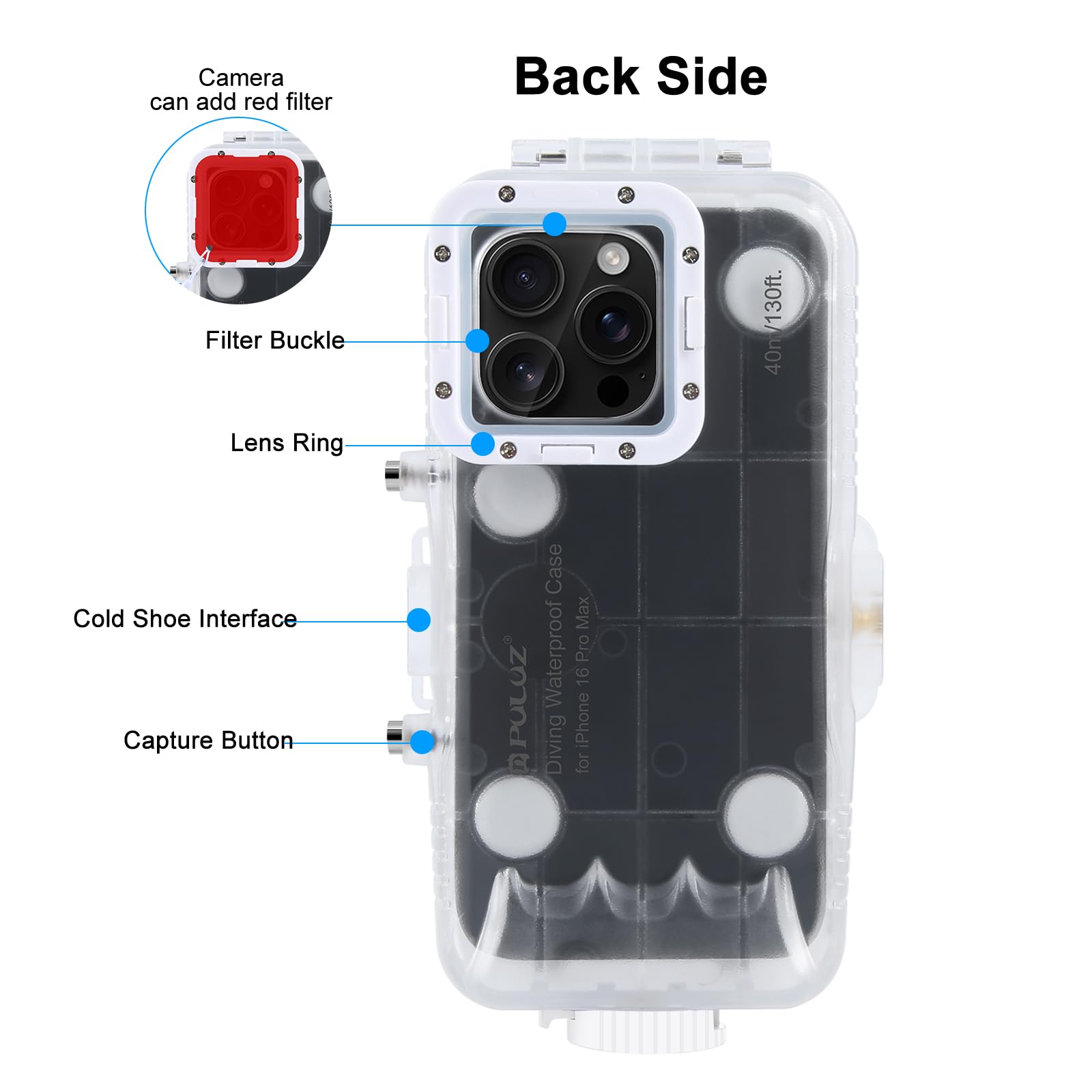 PULUZ Custodia impermeabile per iPhone 16 Pro Max, custodia protettiva impermeabile fino a 40 m, custodia subacquea per surf, snorkeling, kayak, trasparente PULUZ Custodia impermeabile per iPhone 16 Pro Max, custodia protettiva impermeabile fino a 40 m, custodia subacquea per surf, snorkeling, kayak, trasparente