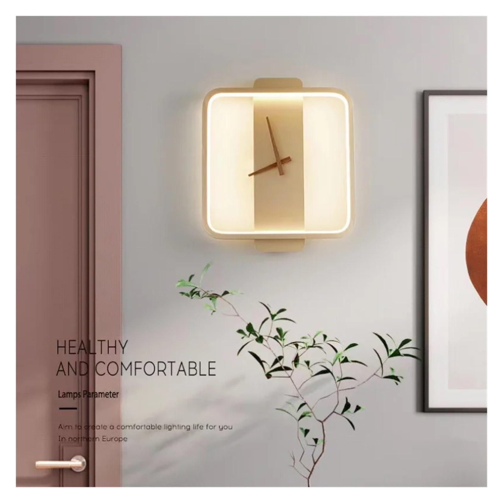 Lampa ścienna z zegarem do salonu Dekoracja wnętrz do sypialni, tło Kinkiet Oprawa oświetleniowa Nowoczesne lampki nocne Led dla sztuki ściennej(Neutral light,Black-B)