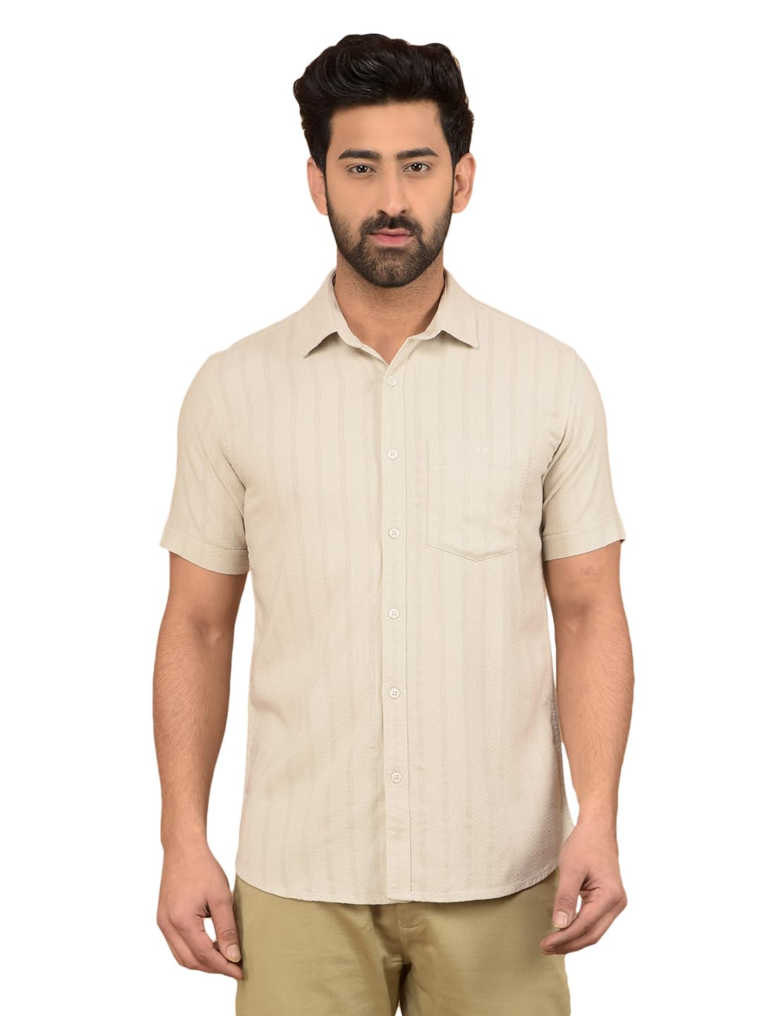 Crimsoune Club Men's Beige Vertical Stripes Shirt-image-1