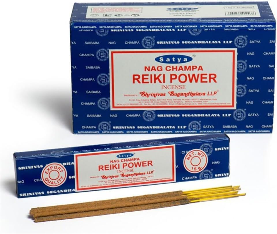 Satya Nag Champa Reiki Power Incense Sticks – 3 Packs of 15g – Calming Floral Scent with Sandalwood & Lavender – Meditation & Healing Aromatherapy – Includes JRose Wooden Incense Burner