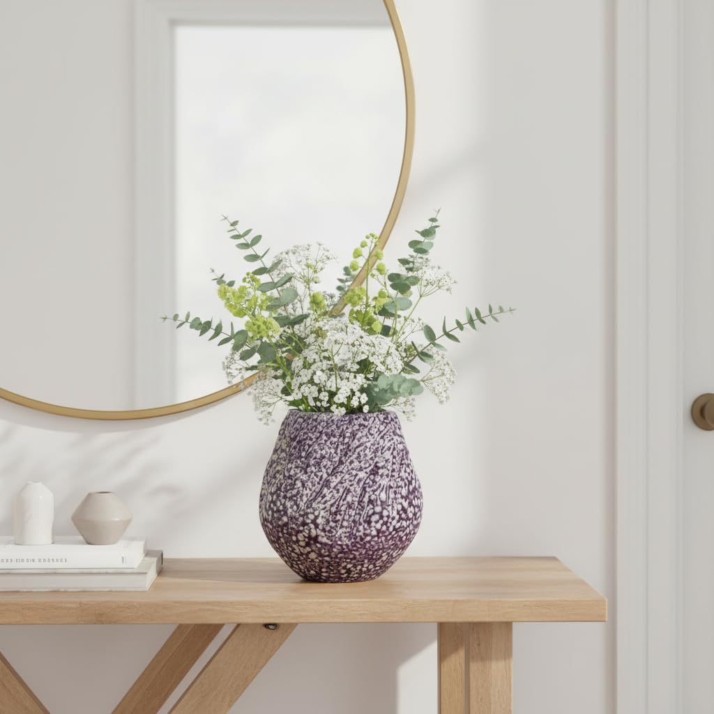 Sunddo Purple Ceramic Vase, 8 Inch Large Round Vases for Pampas Grass, Modern Textured Pottery Vase for Home Decor, Bedroom, Table Centerpiece, Kitchen, Shelf, Living Room Decor