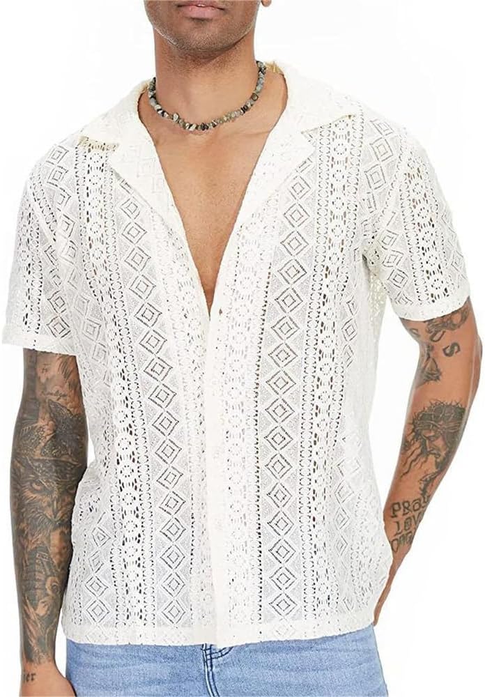 PANVER Men Short Sleeve Men Solid Color T-Shirt Men Sports Shirt Men Casual T-Shirt Men Knitted Tops Men Fashion Hollow Out Lace Short Sleeve Men Knitwear